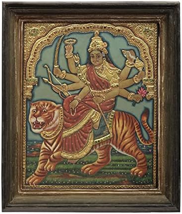 אלת הודו האקזוטית דורגה טנג'ור ציור | צבעים מסורתיים עם זהב 24 קראט | מסגרת עץ טיק | זהב ועץ | ח
